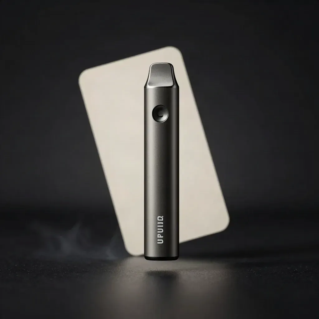 Unbranded charcoal vape pen floating in a dark studio beam with mint haze