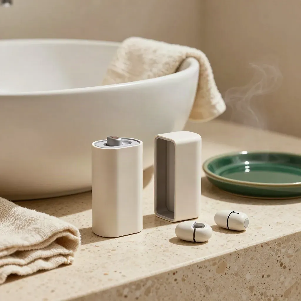 Refillable pod vape kit beside ceramic basin, linen towel, and steam in soft daylight.
