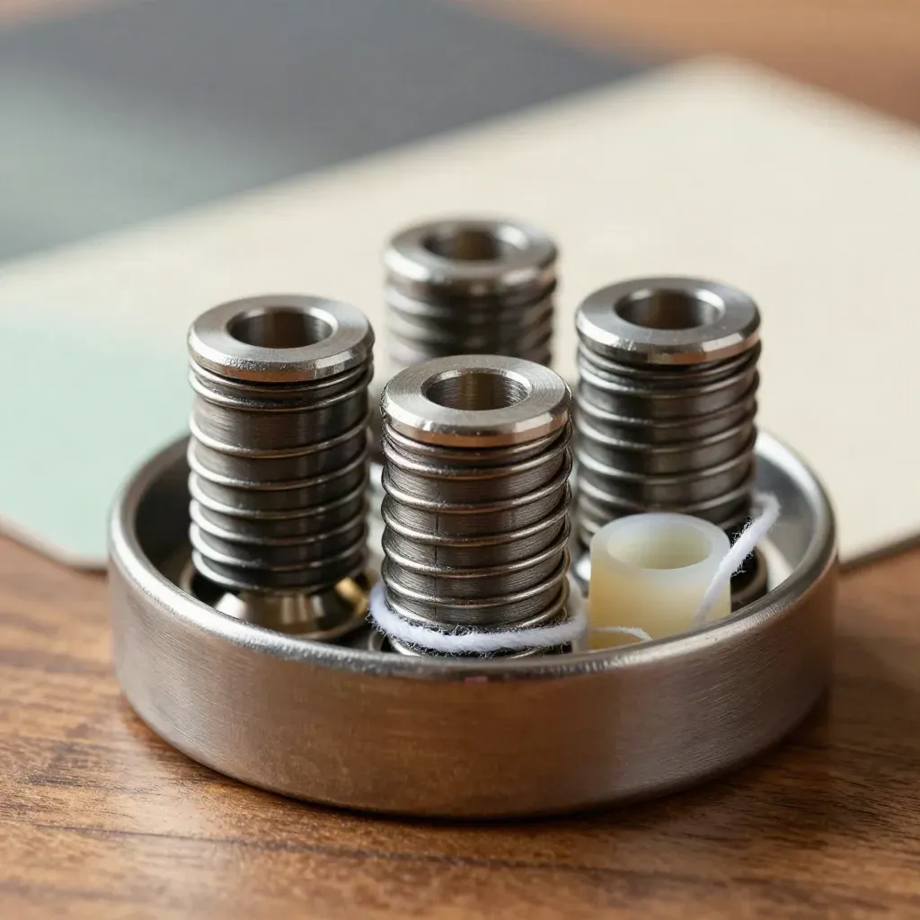 Macro of replacement vape coils in a brushed-metal tray with seal and cotton wick