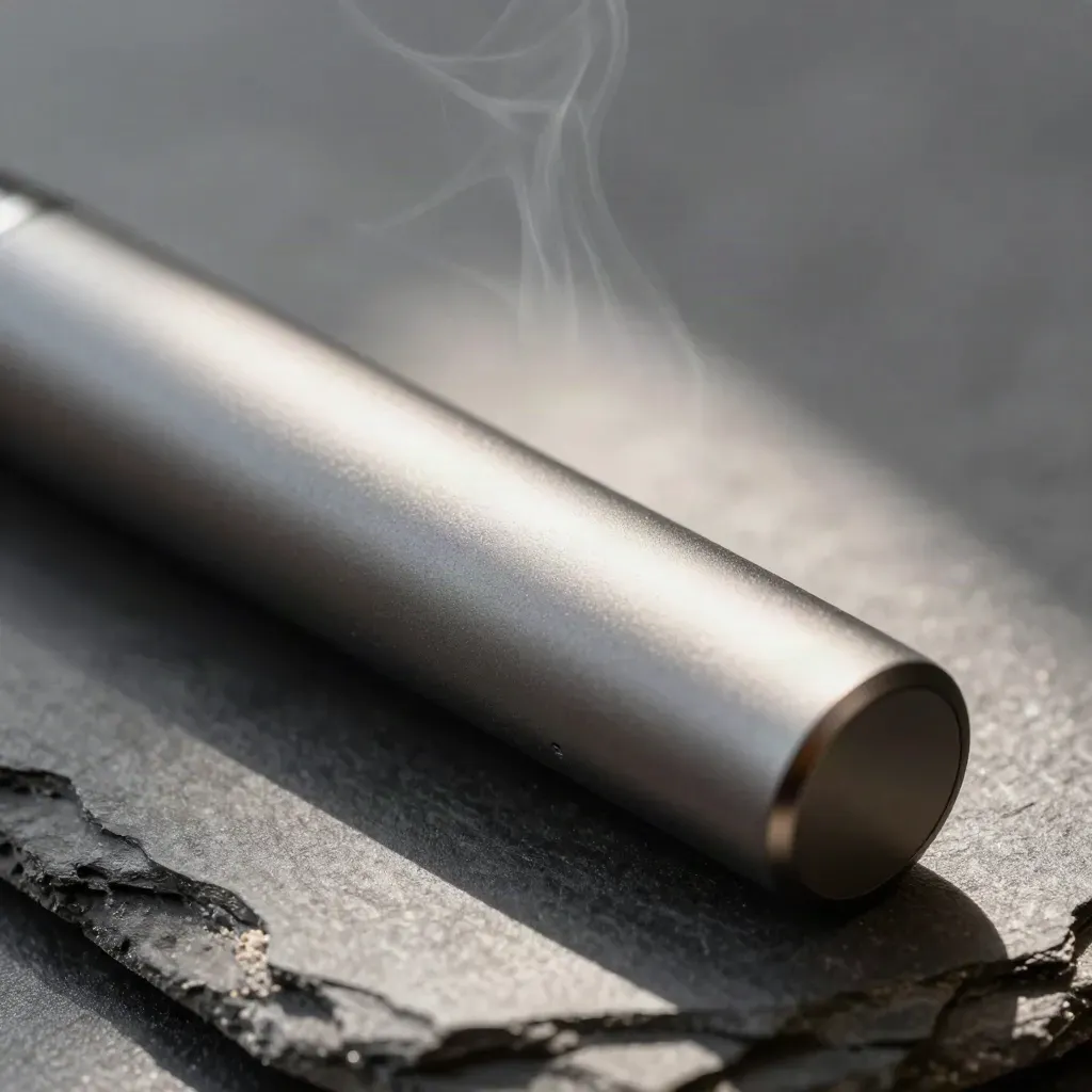 Close macro of a matte charcoal CBD vape pen on dark slate with mist and a stone chip.