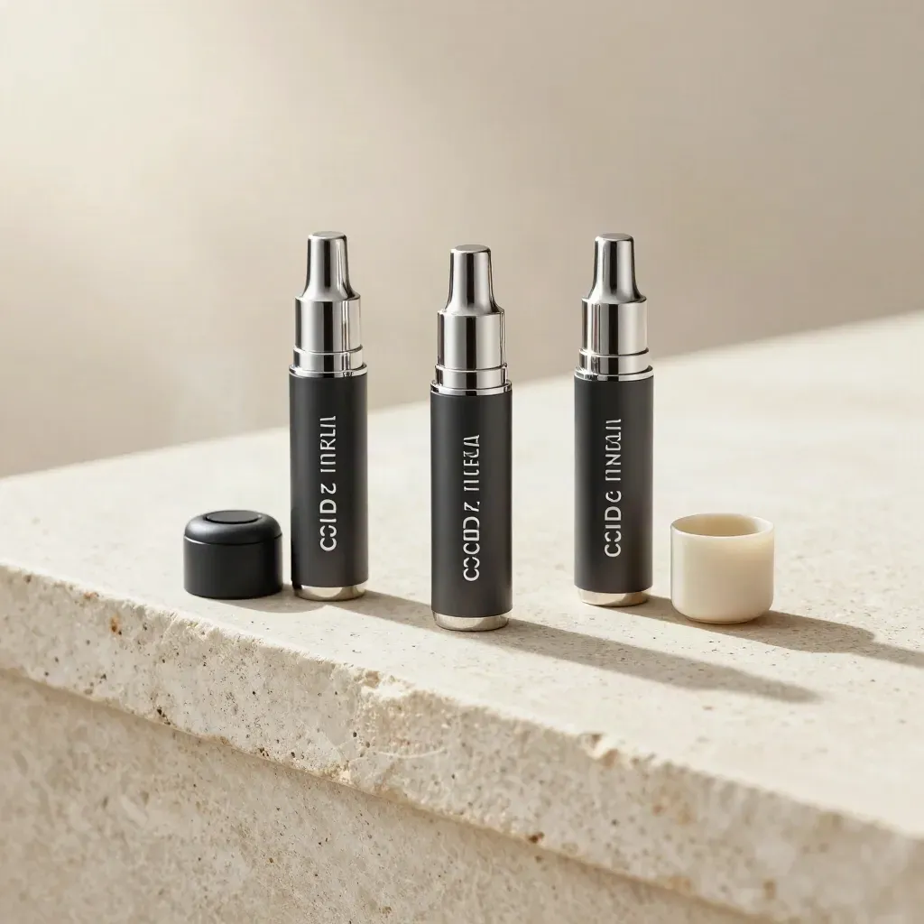 Three unbranded CBD vape units with charger base and accessory cup on a pale stone ledge.