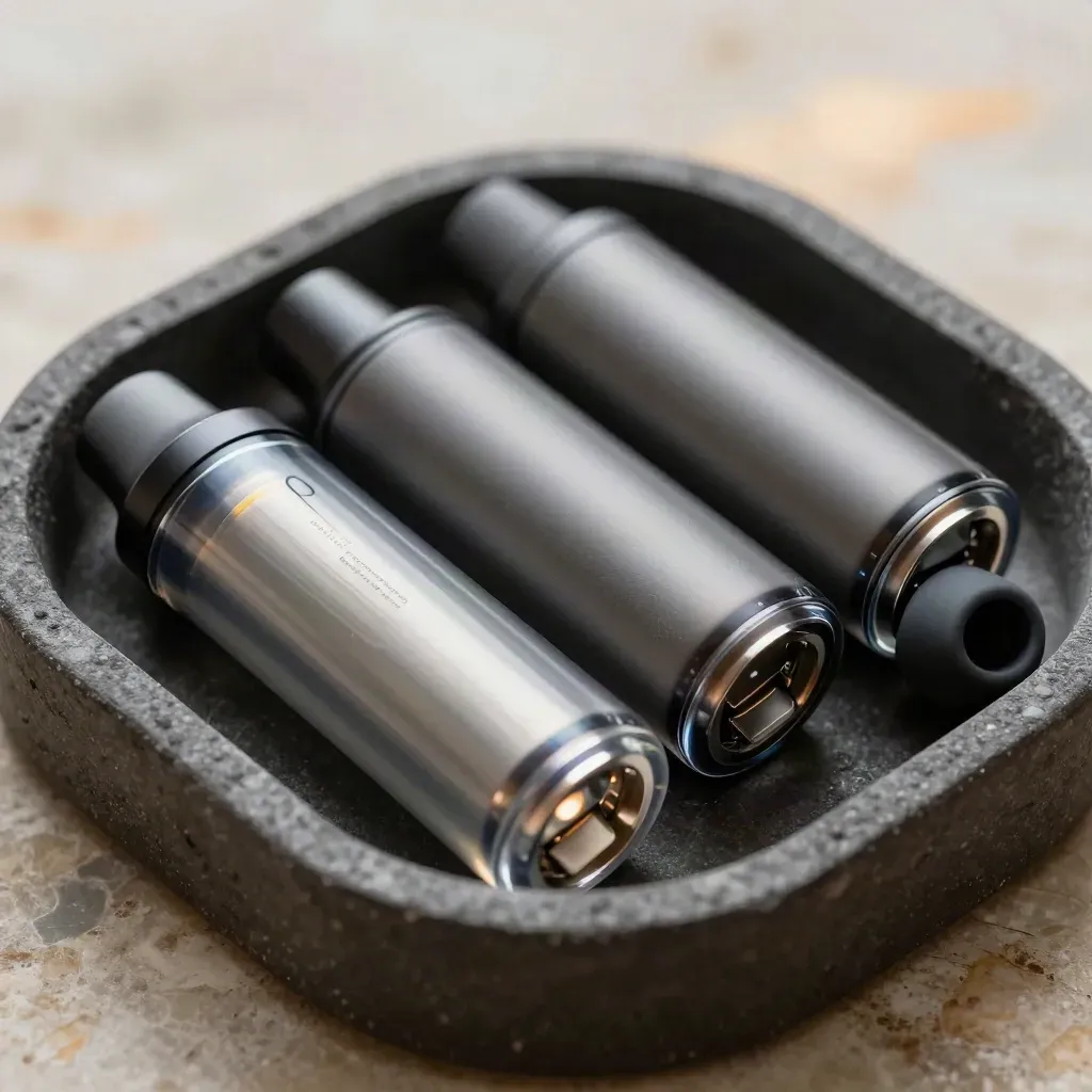 Three vape pods in a charcoal tray with a spare seal, lit by a narrow side wash.