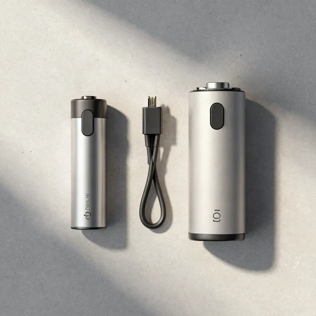 Overhead flatlay of an unbranded CBD vape starter kit with battery, tank, charge lead and end cap.