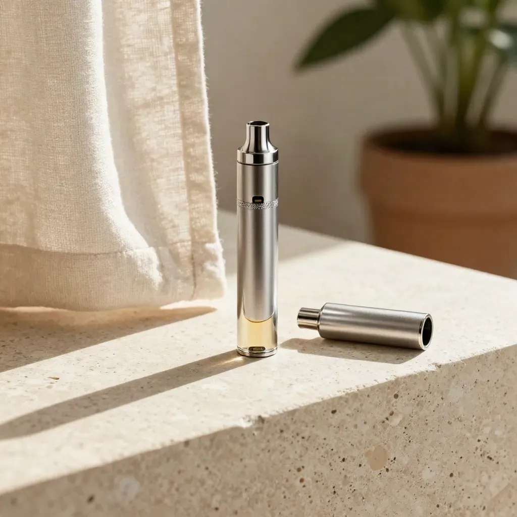 Silver CBD vape pen and cartridges on sunlit travertine with linen curtain and soft plant blur.
