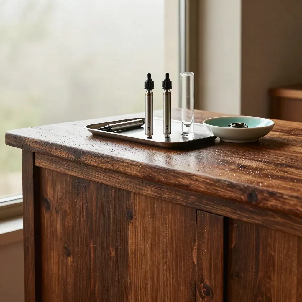 Weathered oak counter with vape cartridges, brushed steel tray and mint-lit ceramic edge in soft window light